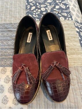 Dune London Burgundy Suede & Croc Tassel Loafers